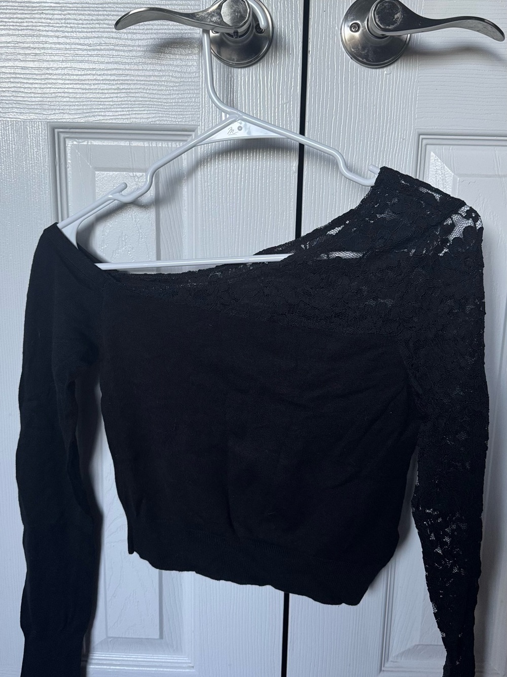 Express Black One-Shoulder Lace Sleeve Women's Top